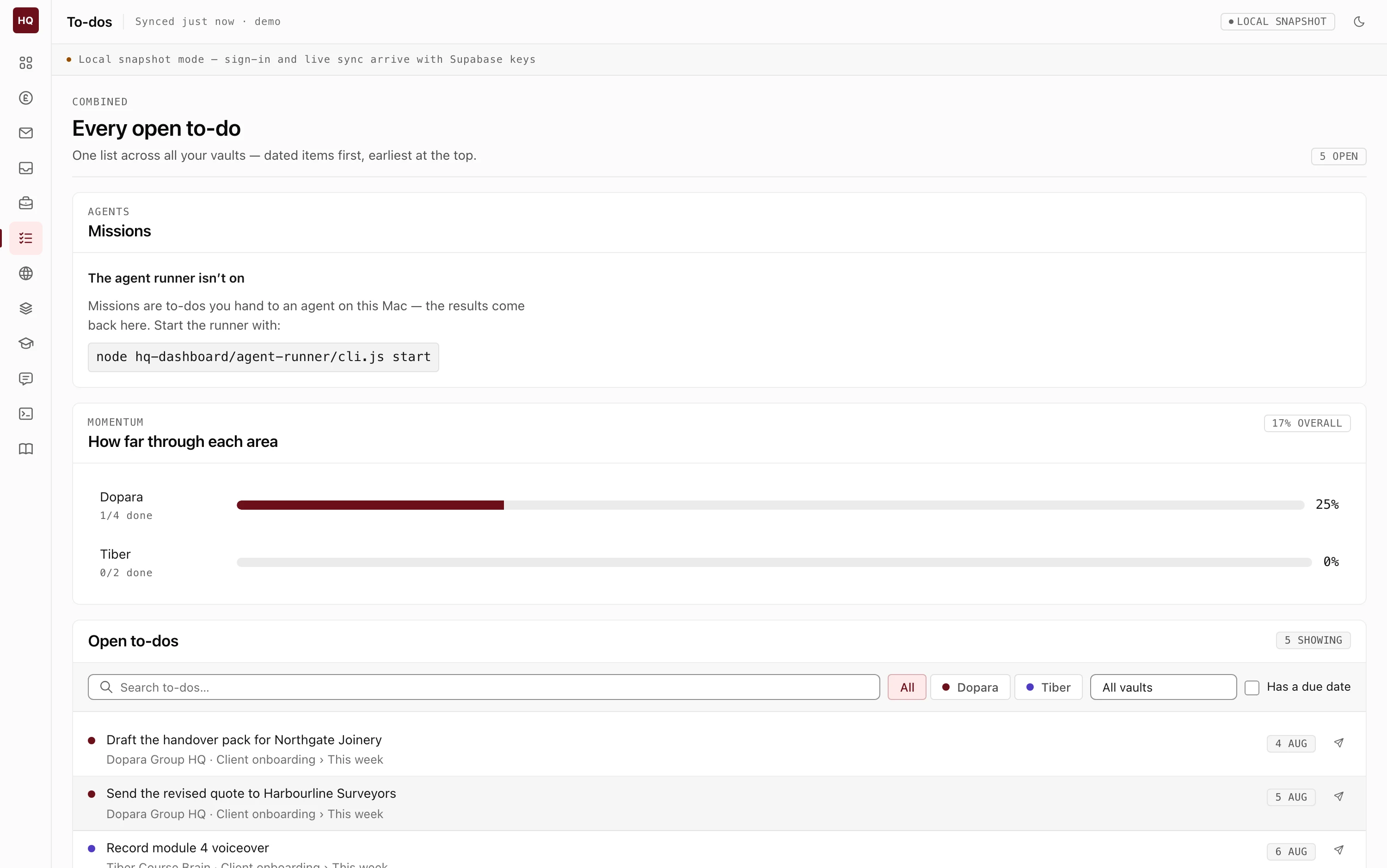 Every open to-do in one list across both businesses, with progress bars per area and filters by business and vault.