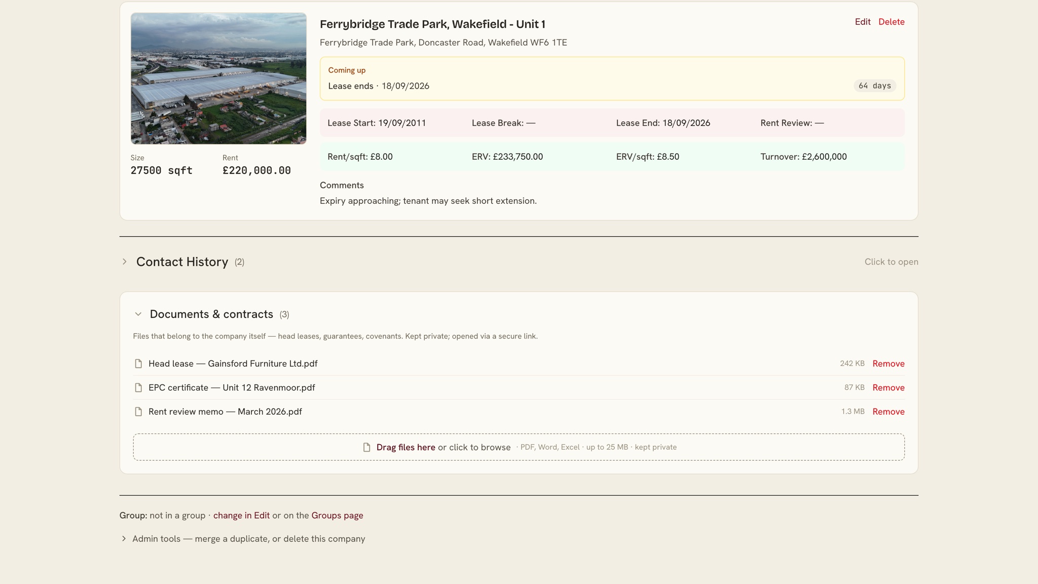 Documents held on a record — leases and certificates listed against the property. Demo data.