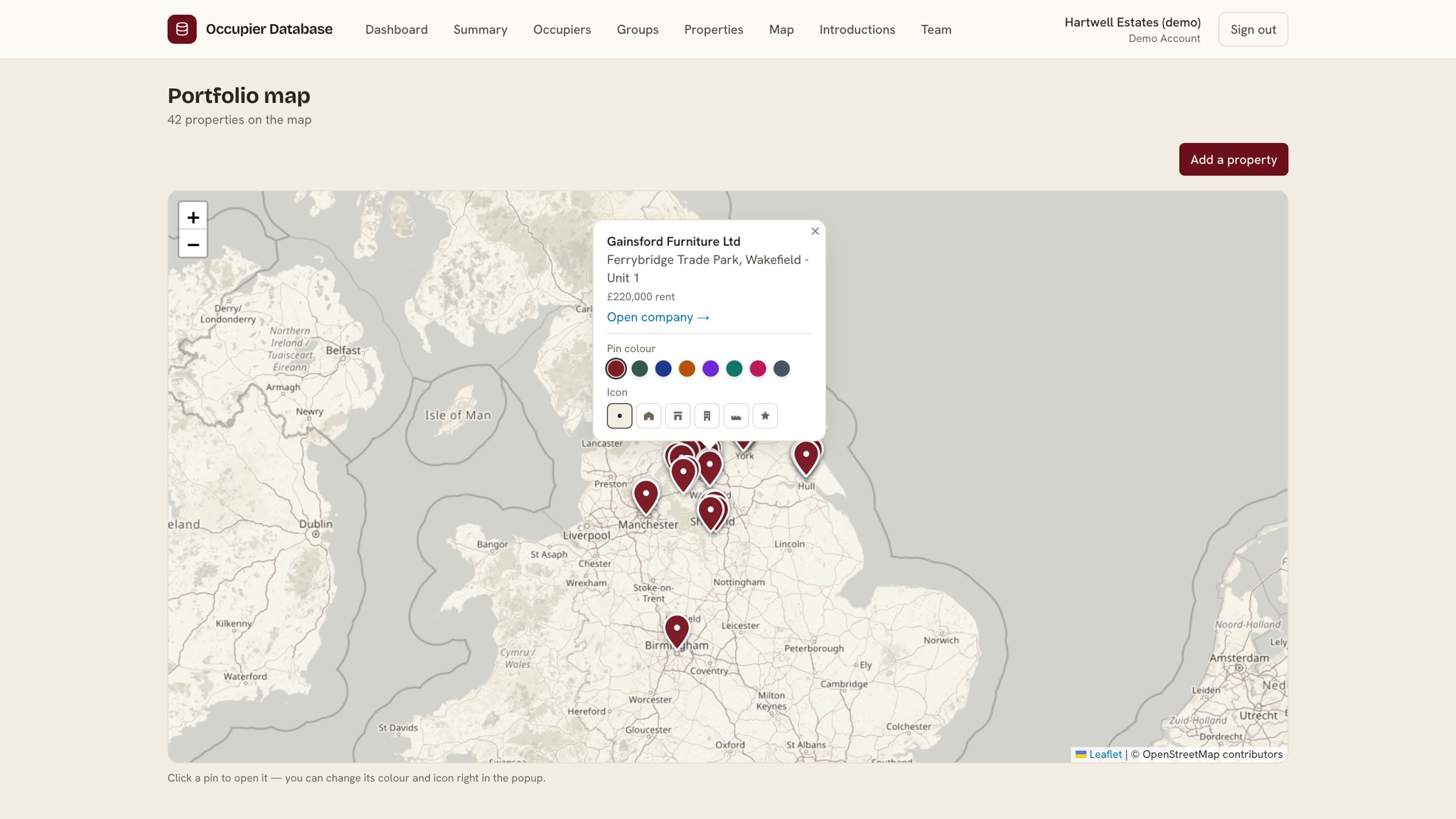 The portfolio map — properties pinned across the UK with styled markers. Demo data.