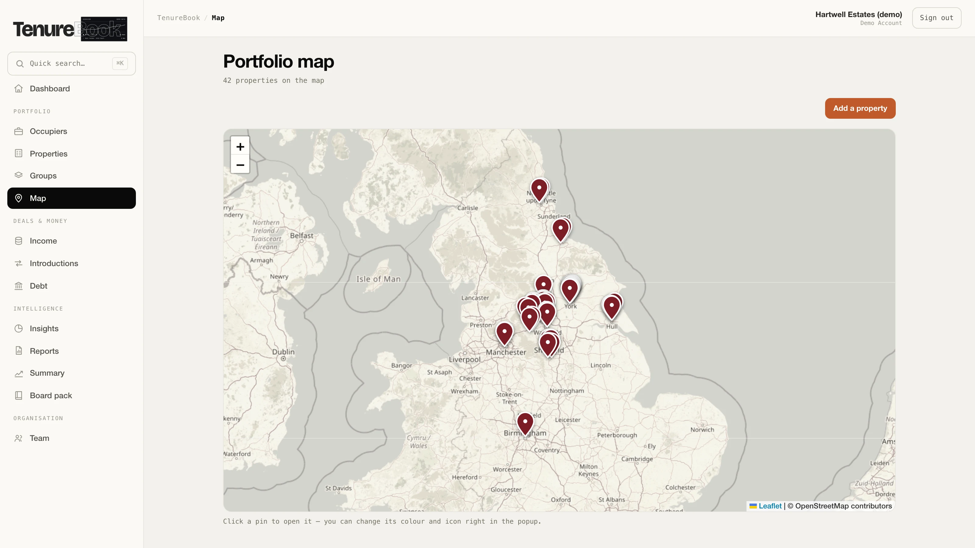 The TenureBook portfolio map: forty-two demo properties pinned across the north of England, from Newcastle down to Birmingham, on an OpenStreetMap base.